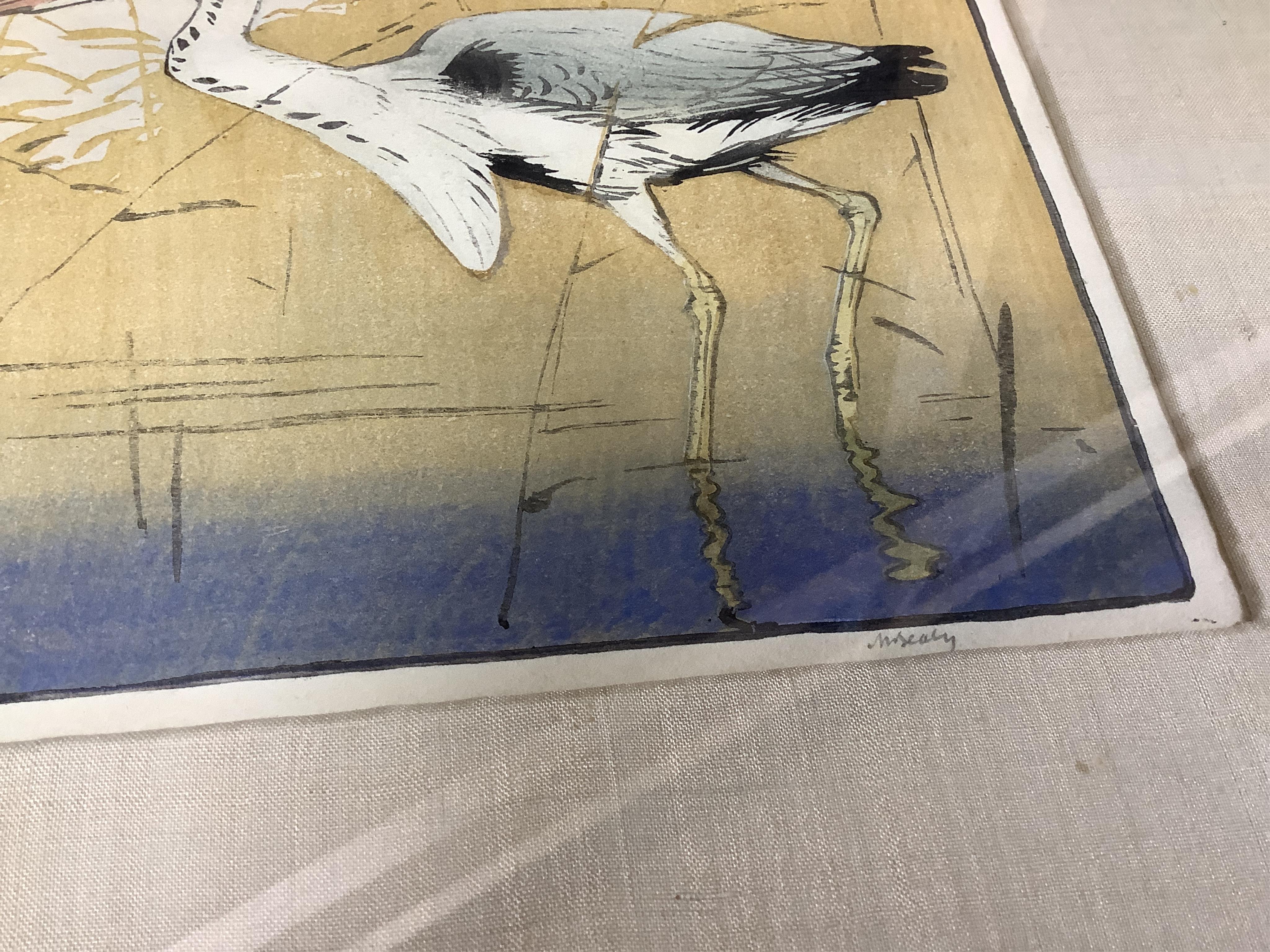 Allen W. Seaby (1867-1953), woodcut in colour, ‘Heron’, signed in pencil, limited edition 4/100, label verso, 16 x 22cm. Condition - good